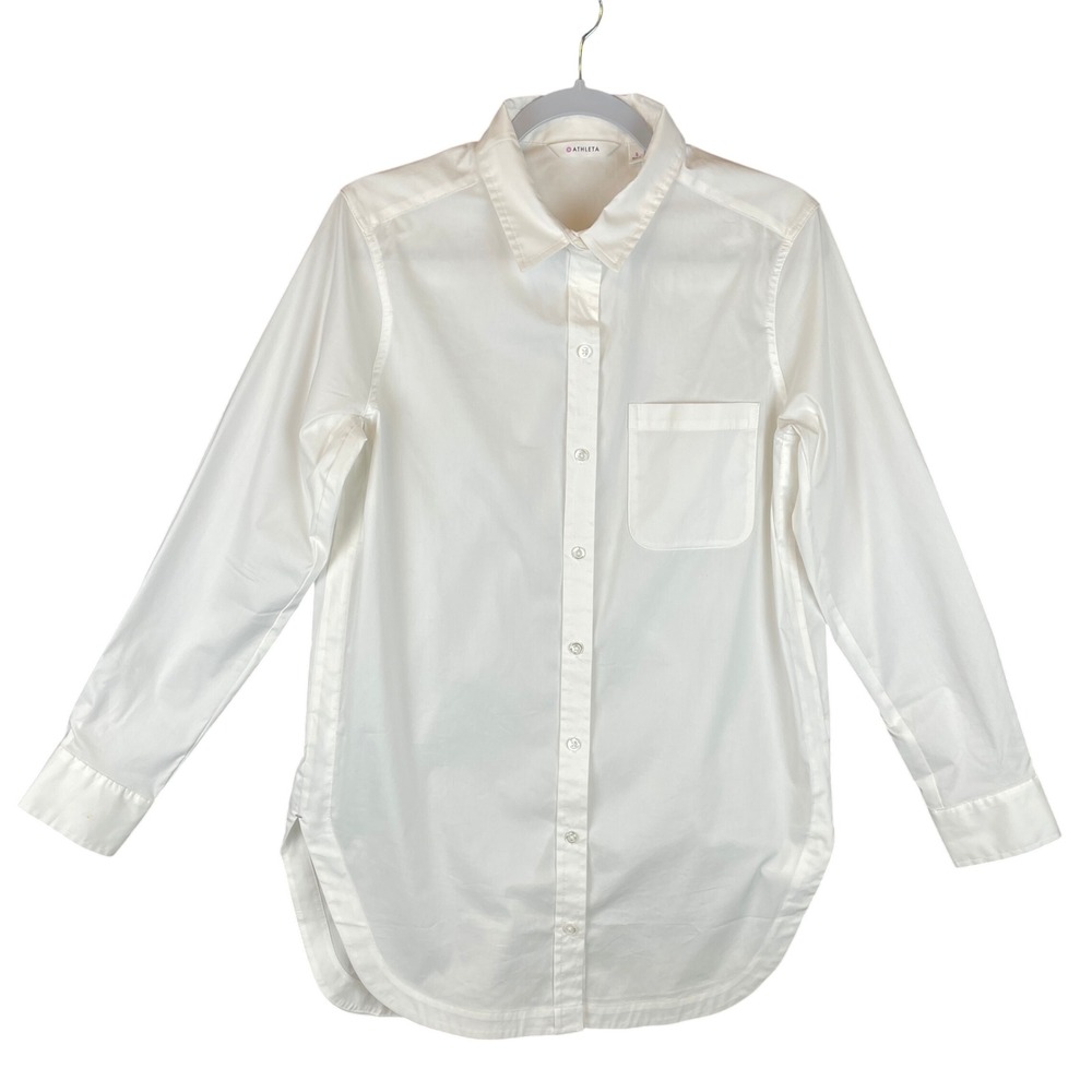 Athleta‎ Womens White Long Sleeve Button Down Shirt Stretch Cotton Blend Small